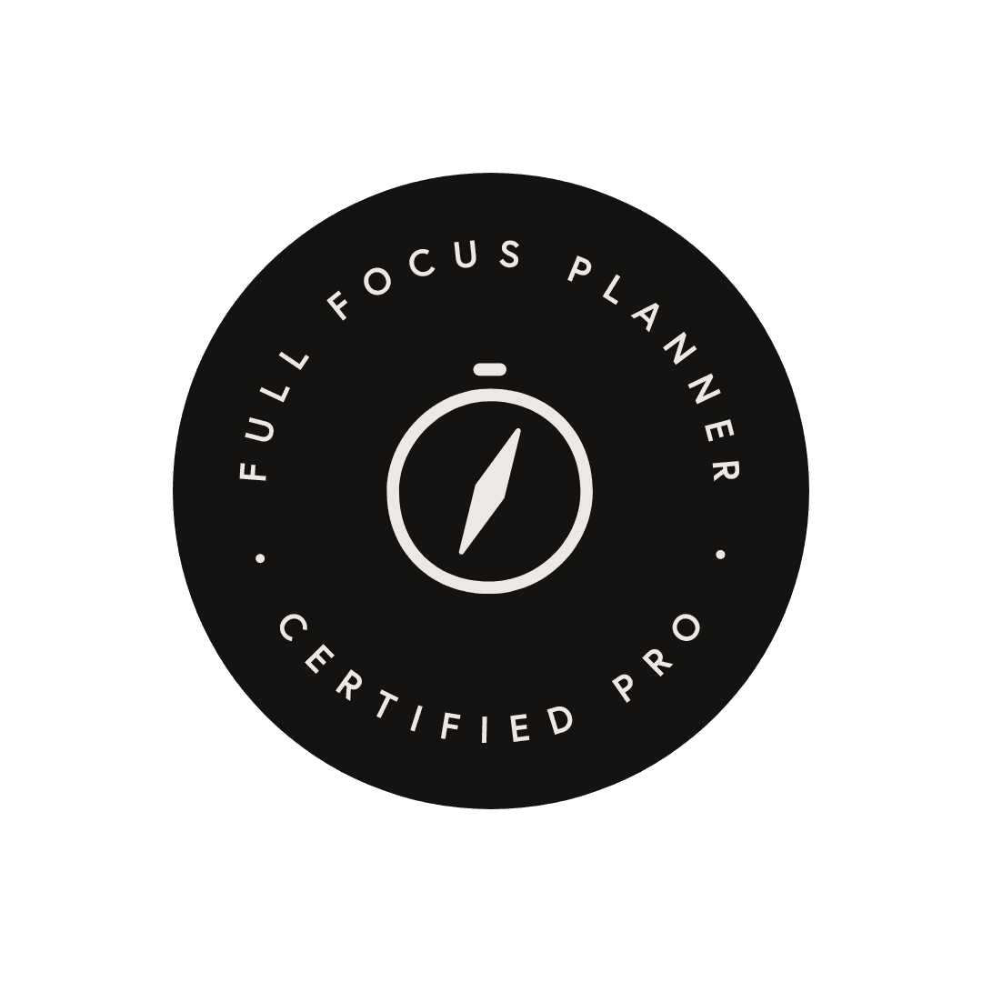 Full Focus Certified Pro Badge centered with Full Focus Planners as a Banner Underneath